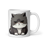 White mug with a cartoon cat design on a white background