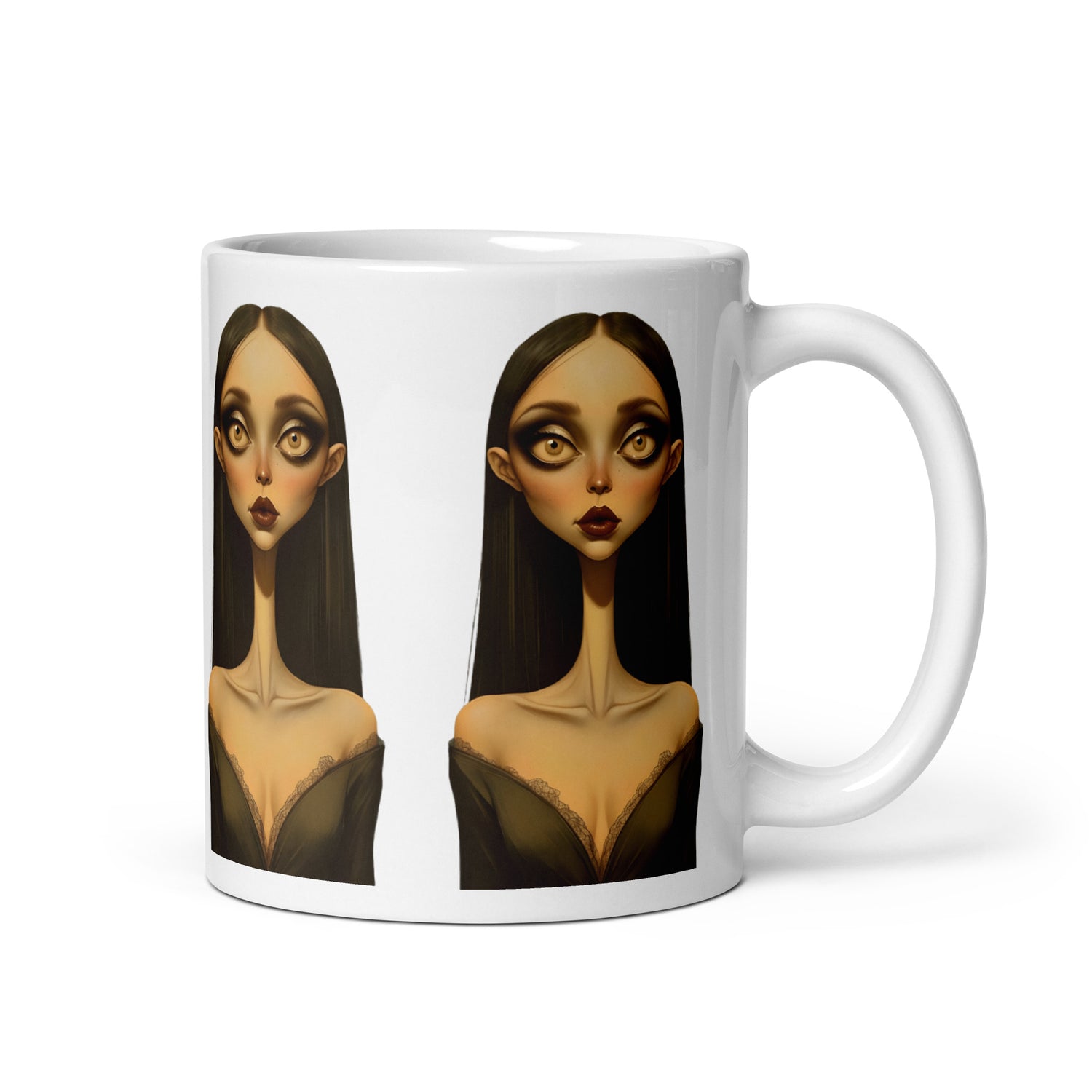 Mug with artistic depiction of a woman's face on a white background