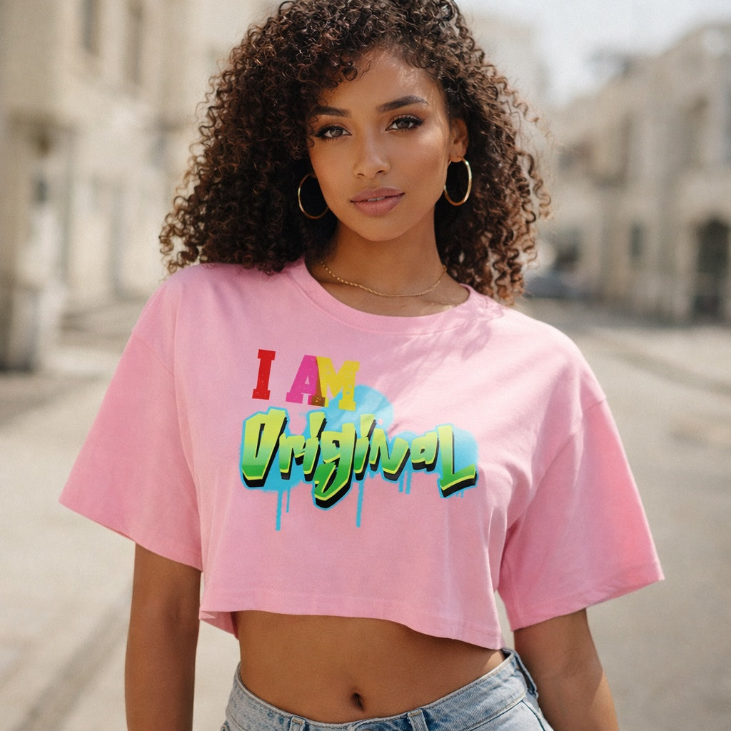 Woman wearing a pink crop top with 'I AM Original' text, standing on a street.