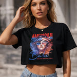 Woman wearing a black t-shirt with 'American Babe' graphic design.