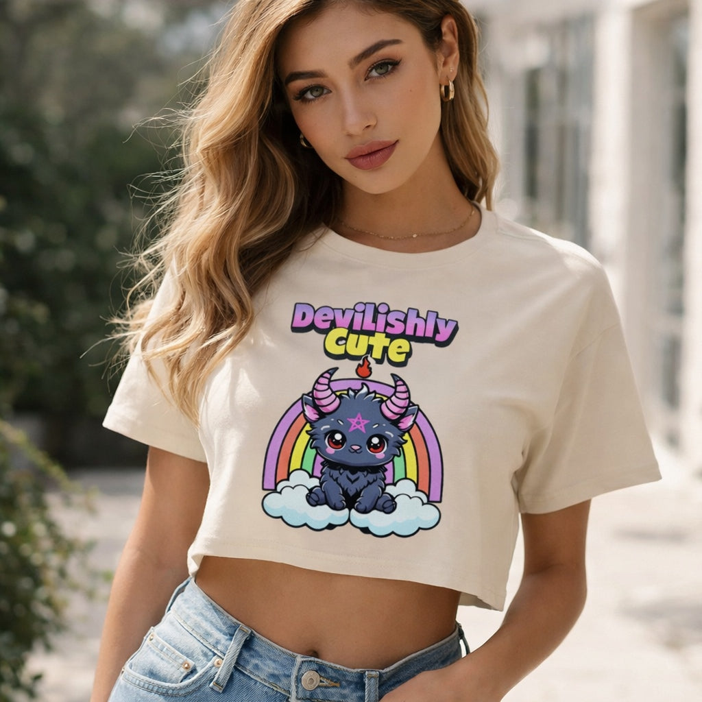 Woman wearing a white t-shirt with a cartoon character and 'Devilishly Cute' text.