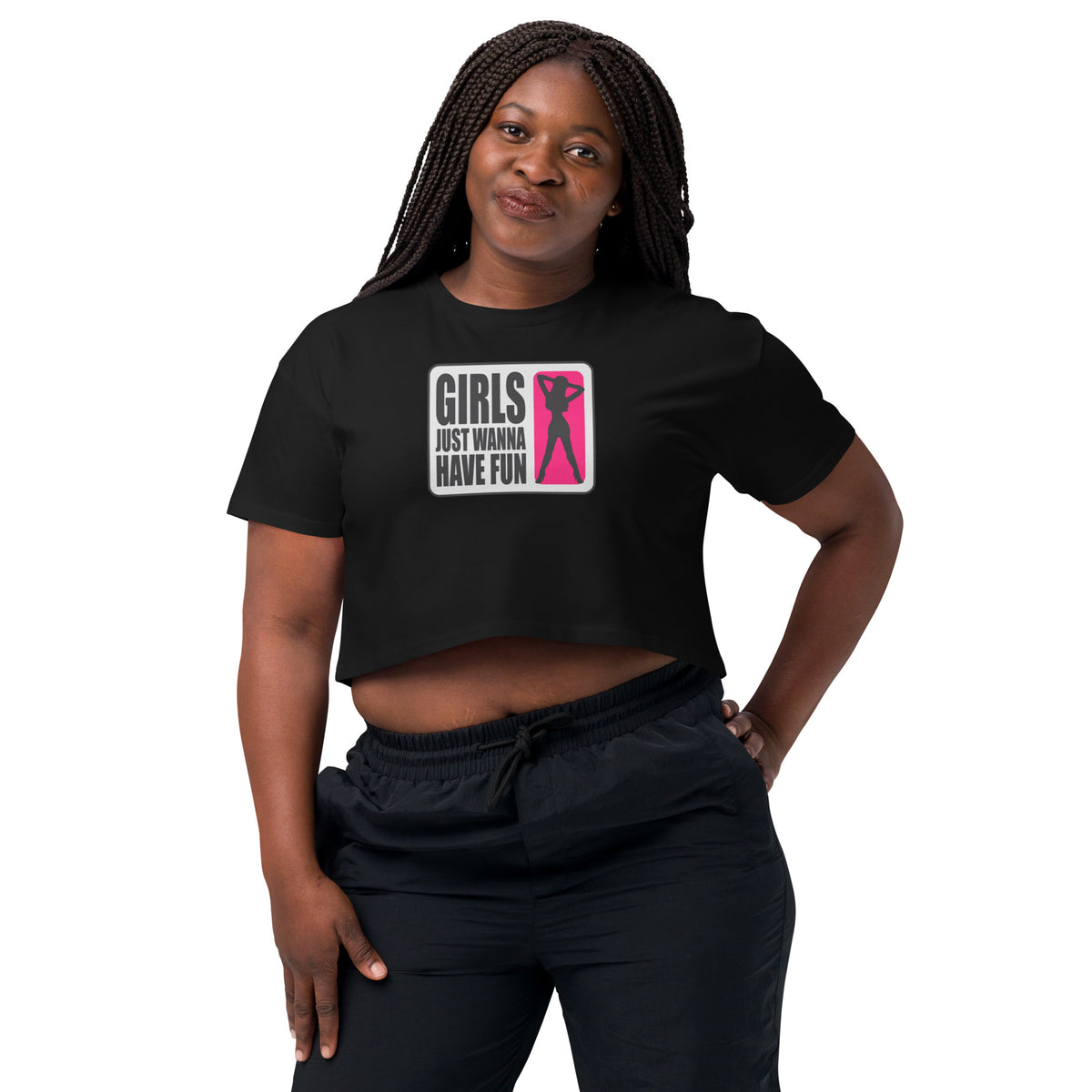 Woman wearing a black t-shirt with a graphic design and text on a white background