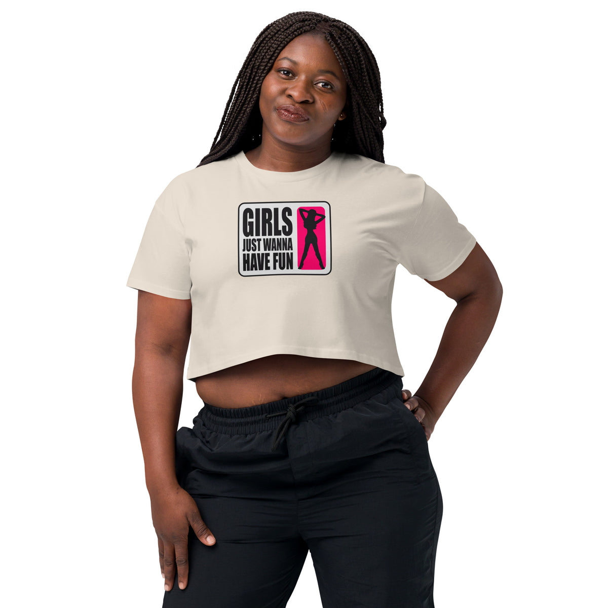 Woman wearing a white crop t-shirt with a graphic design and text on a white background