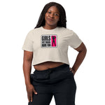 Woman wearing a white crop t-shirt with a graphic design and text on a white background