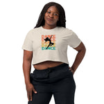Woman wearing a white t-shirt with 'DANCE' text and graphic on a white background