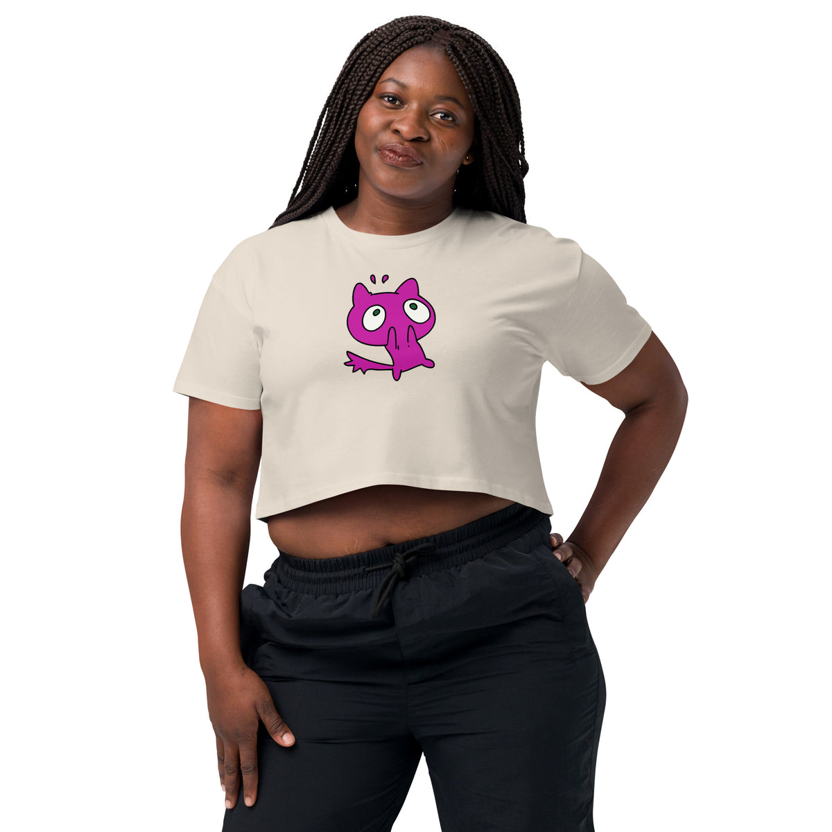 Cartoon Pink Cat Design Women’s Graphic Crop Top Tee