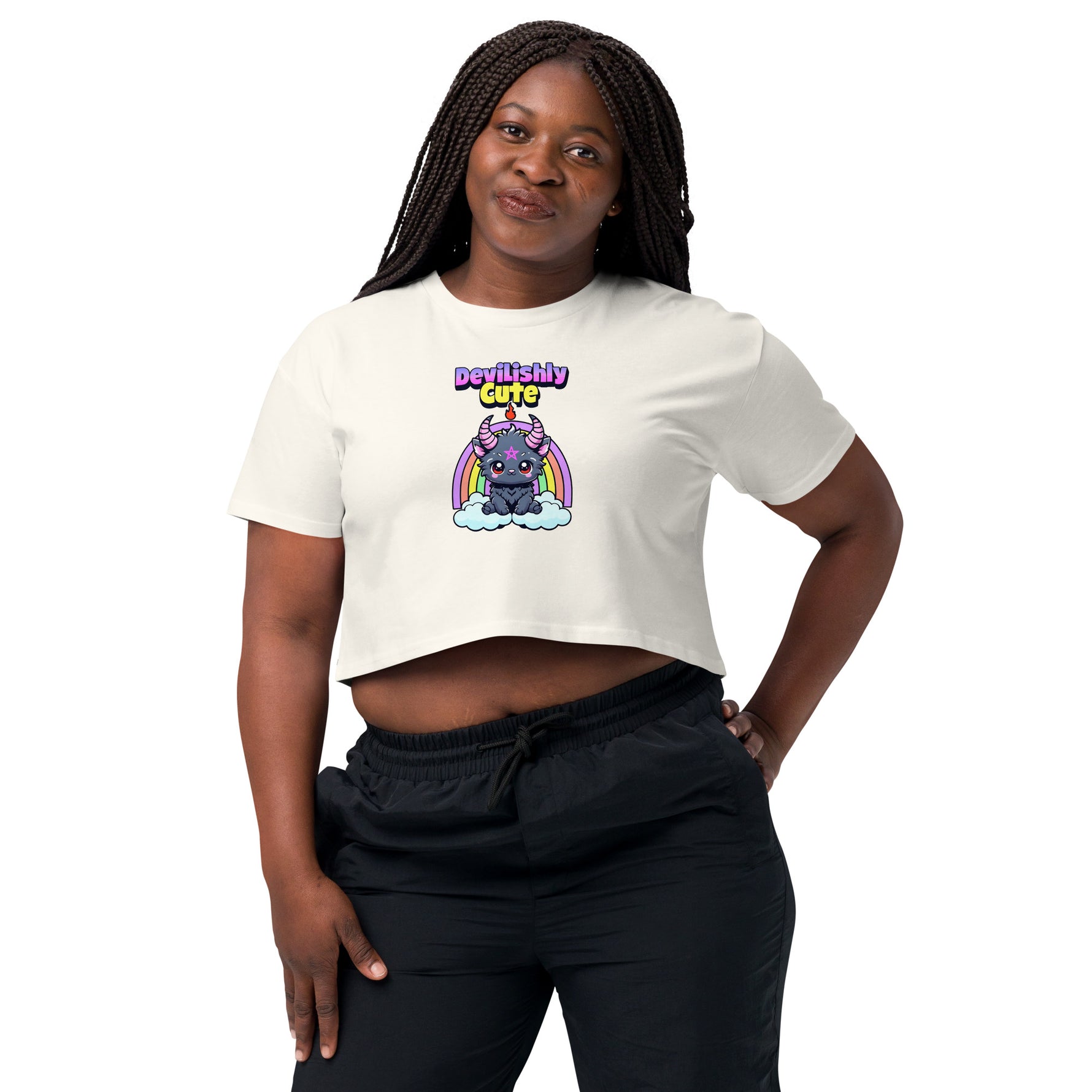 Woman wearing a white t-shirt with a graphic design on a white background