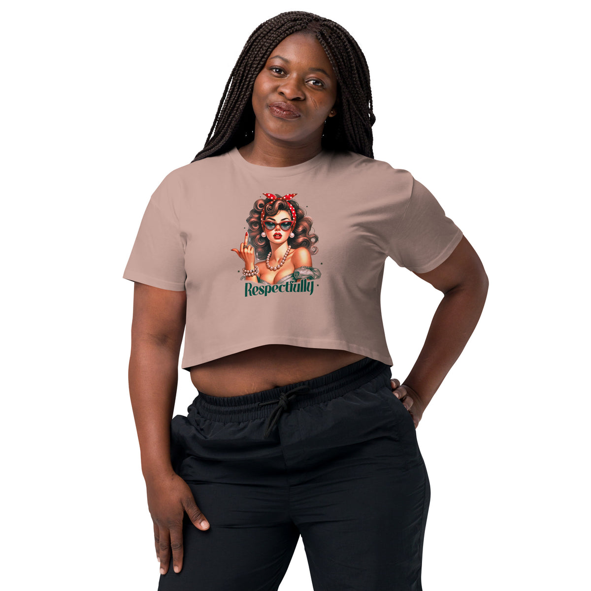 Woman wearing a beige t-shirt with a graphic design on a white background
