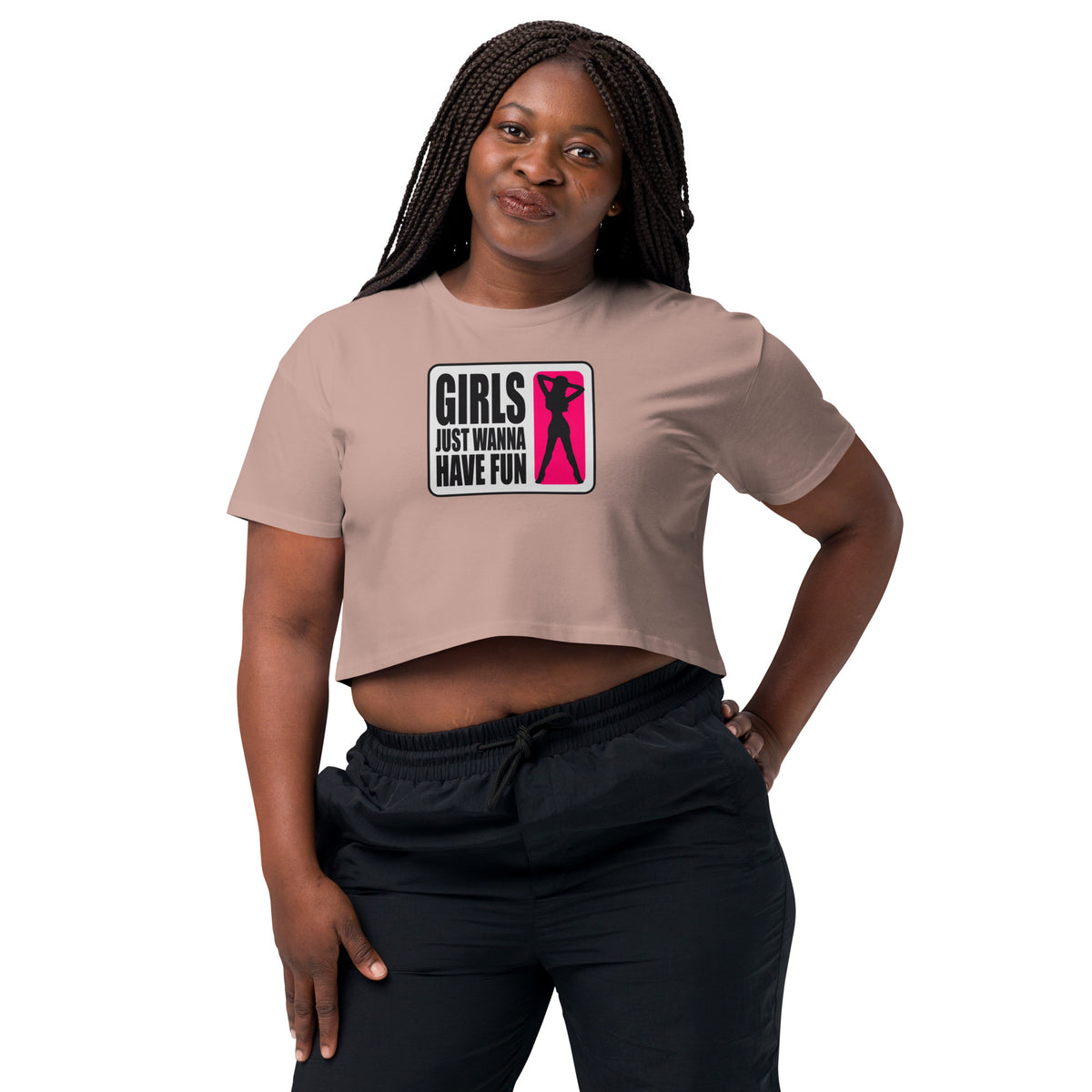 Woman wearing a beige t-shirt with a graphic and text on a white background
