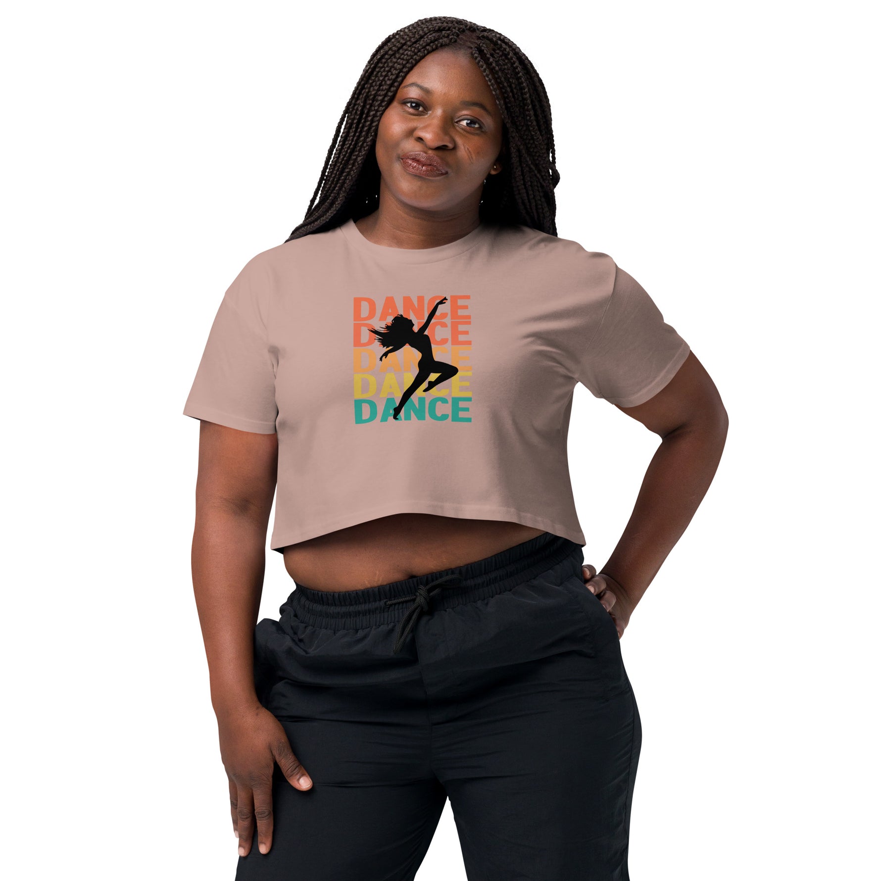 Woman wearing a beige t-shirt with 'DANCE DANCE DANCE' text and graphic on a white background
