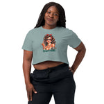 Woman wearing a light blue t-shirt with a graphic design and text on a white background