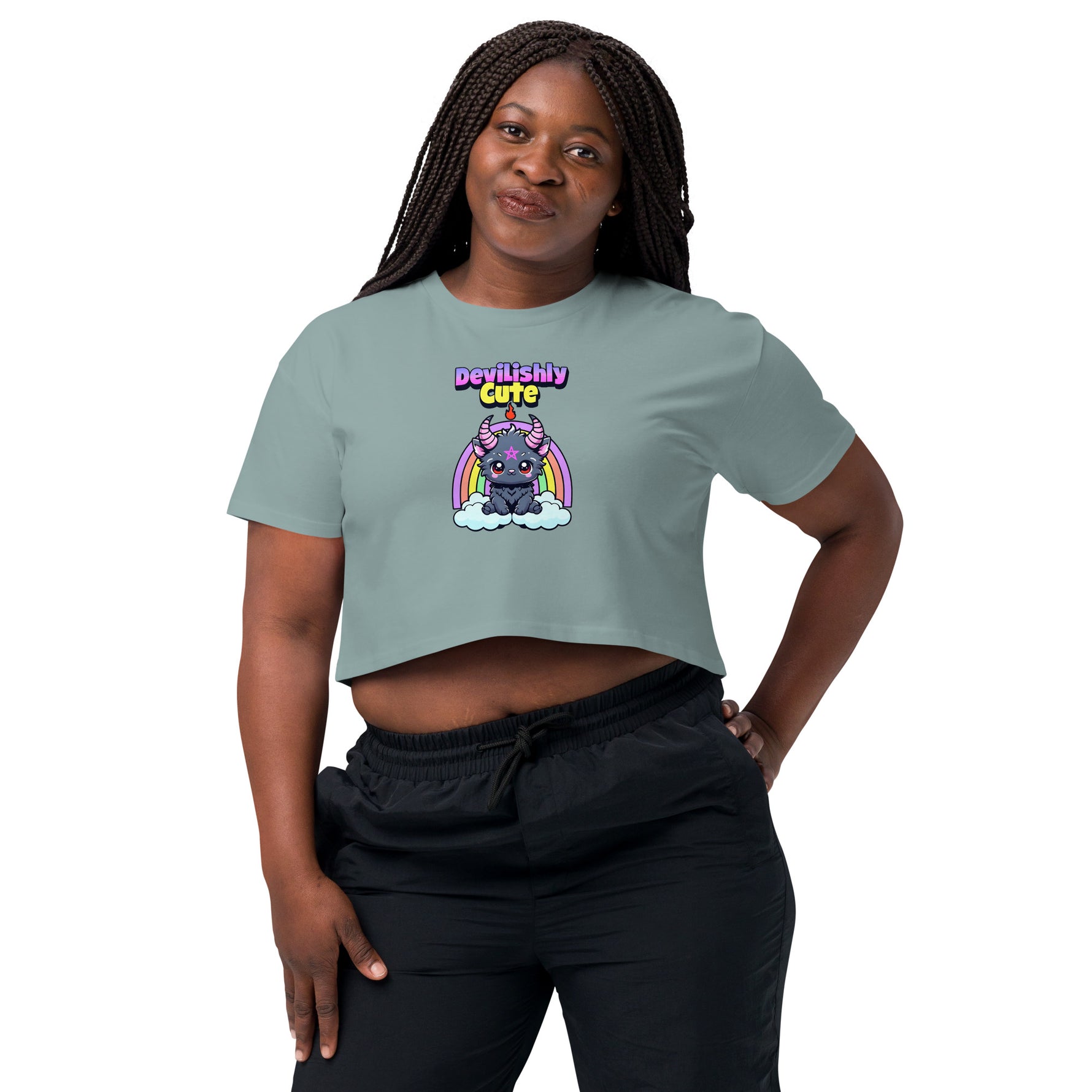 Woman wearing a light green t-shirt with a graphic design and text on a white background