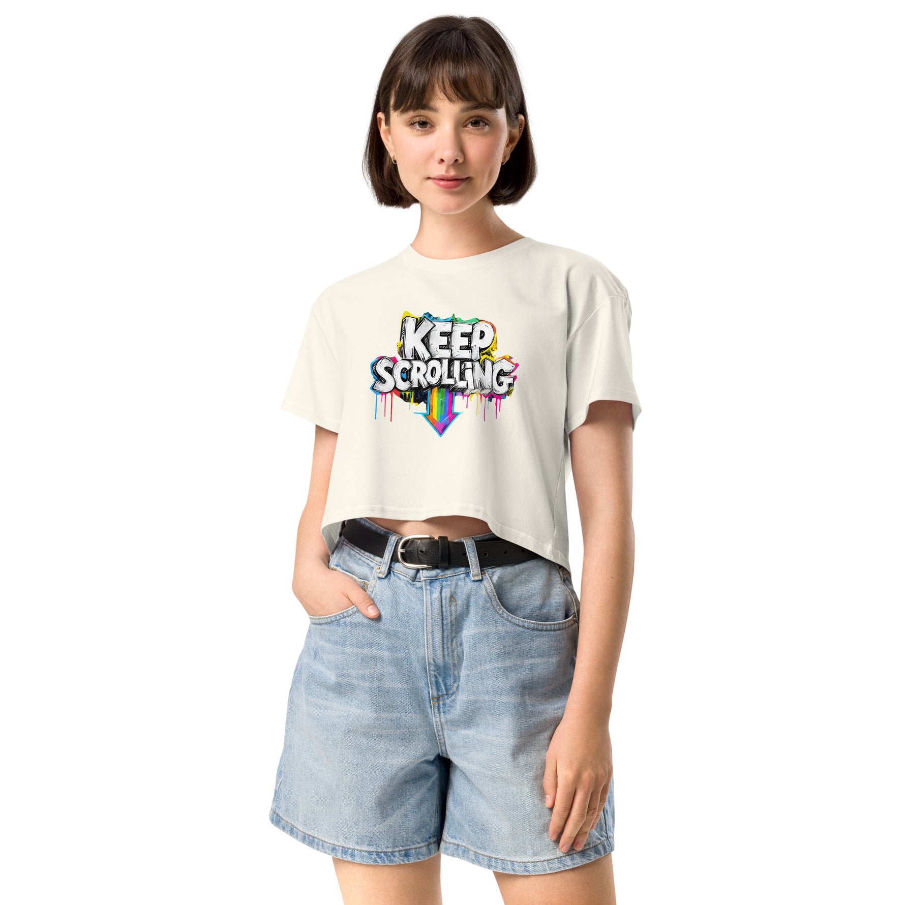 Woman wearing a white t-shirt with 'Keep Scrolling' text and denim shorts on a white background