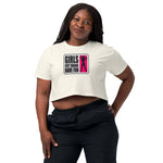 Woman wearing a white crop t-shirt with a graphic design and text on a white background