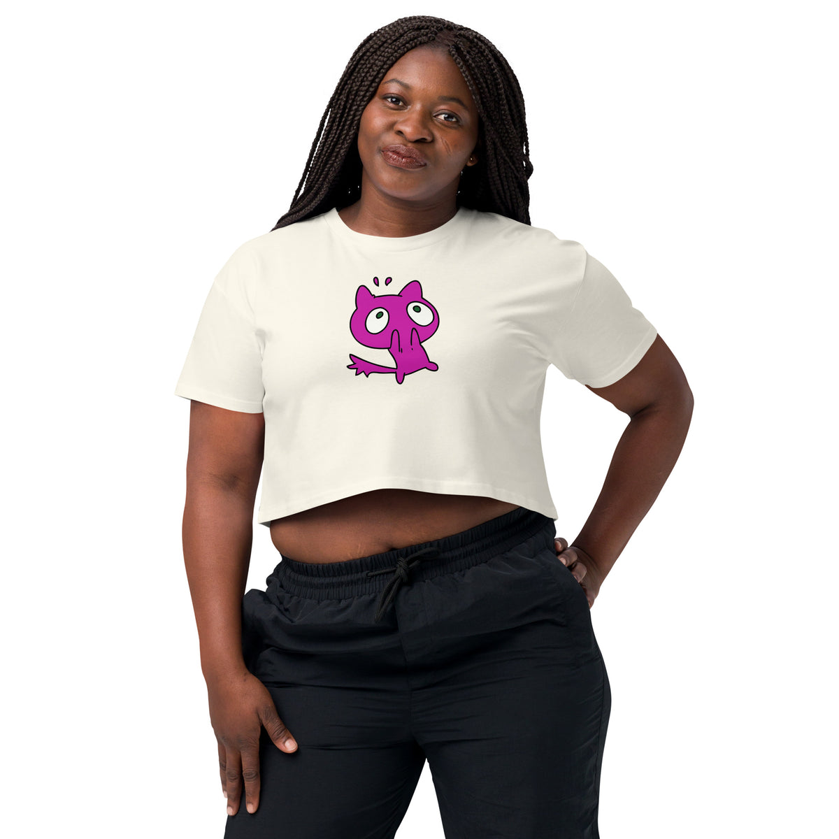 Cartoon Pink Cat Design Women’s Graphic Crop Top Tee