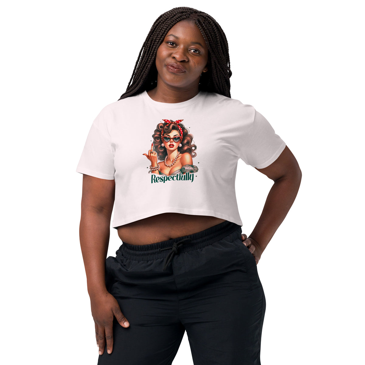 Woman wearing a white t-shirt with a graphic design and text on a white background