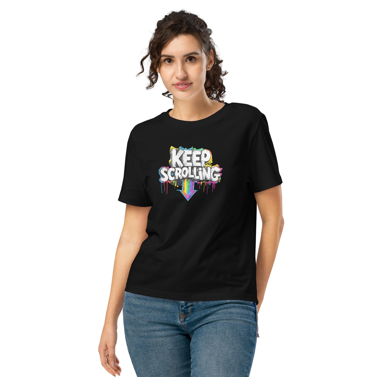 Woman wearing a black t-shirt with 'Keep Scrolling' text design on a white background