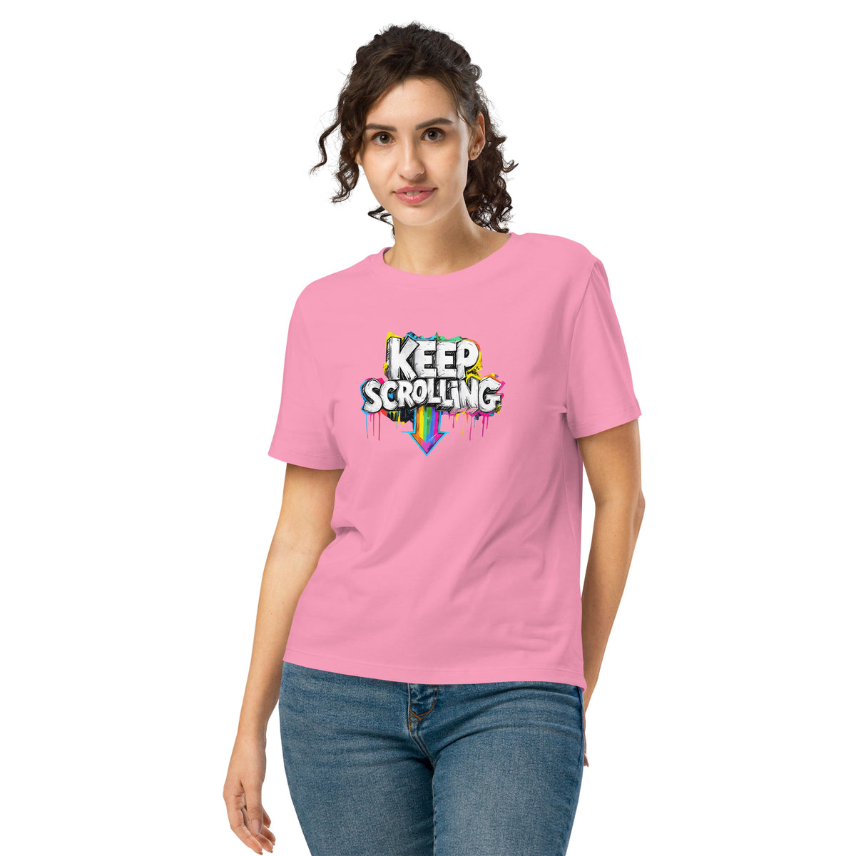 Woman wearing a Stanley/Stella pink t-shirt with 'KEEP SCROLLING' text design on a white background