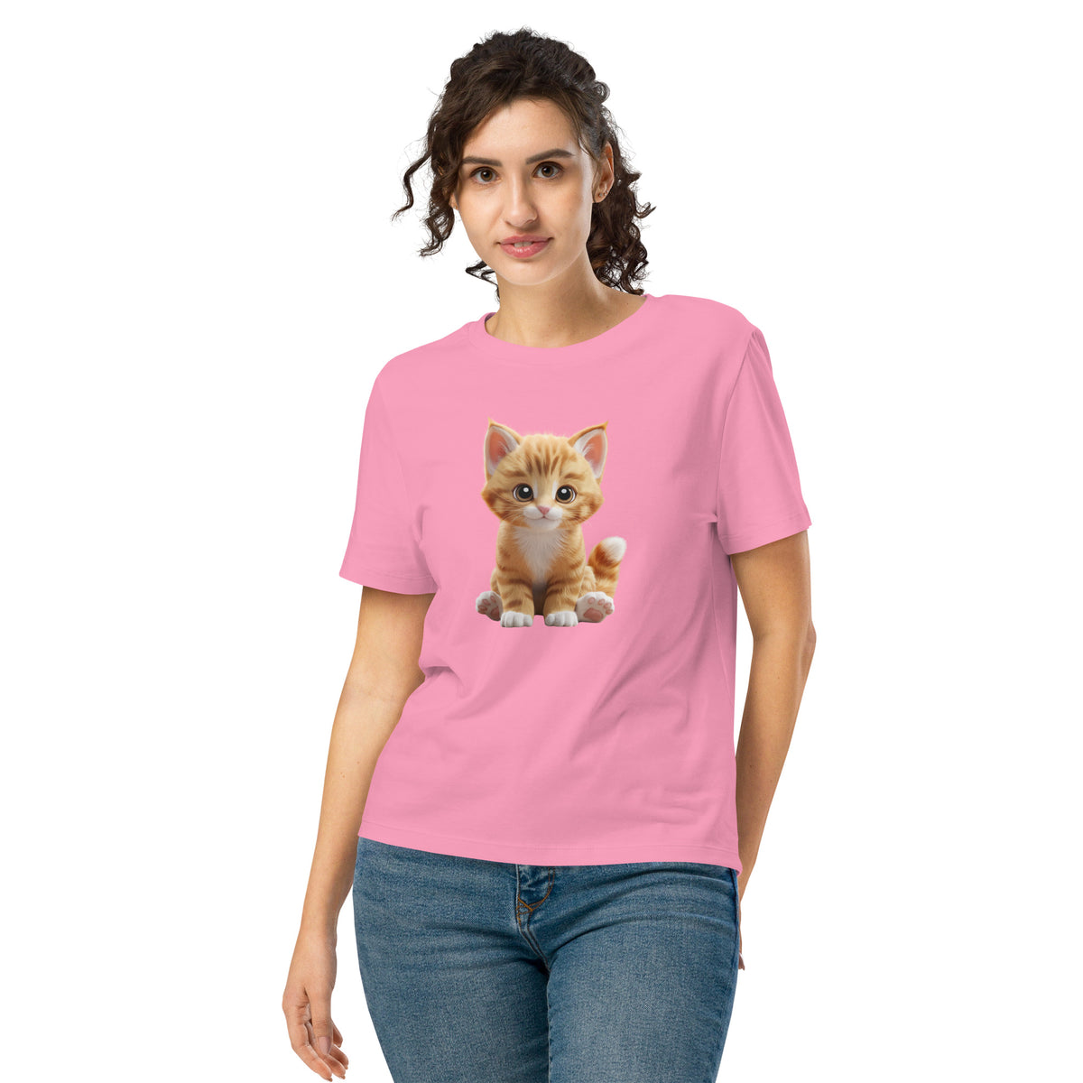 Woman wearing a pink t-shirt with a kitten graphic on a white background