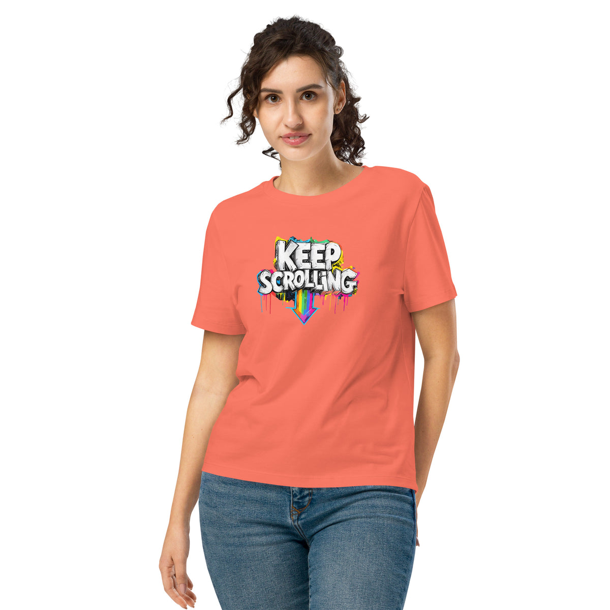 Woman wearing a coral t-shirt with 'Keep Scrolling' graphic design on a white background