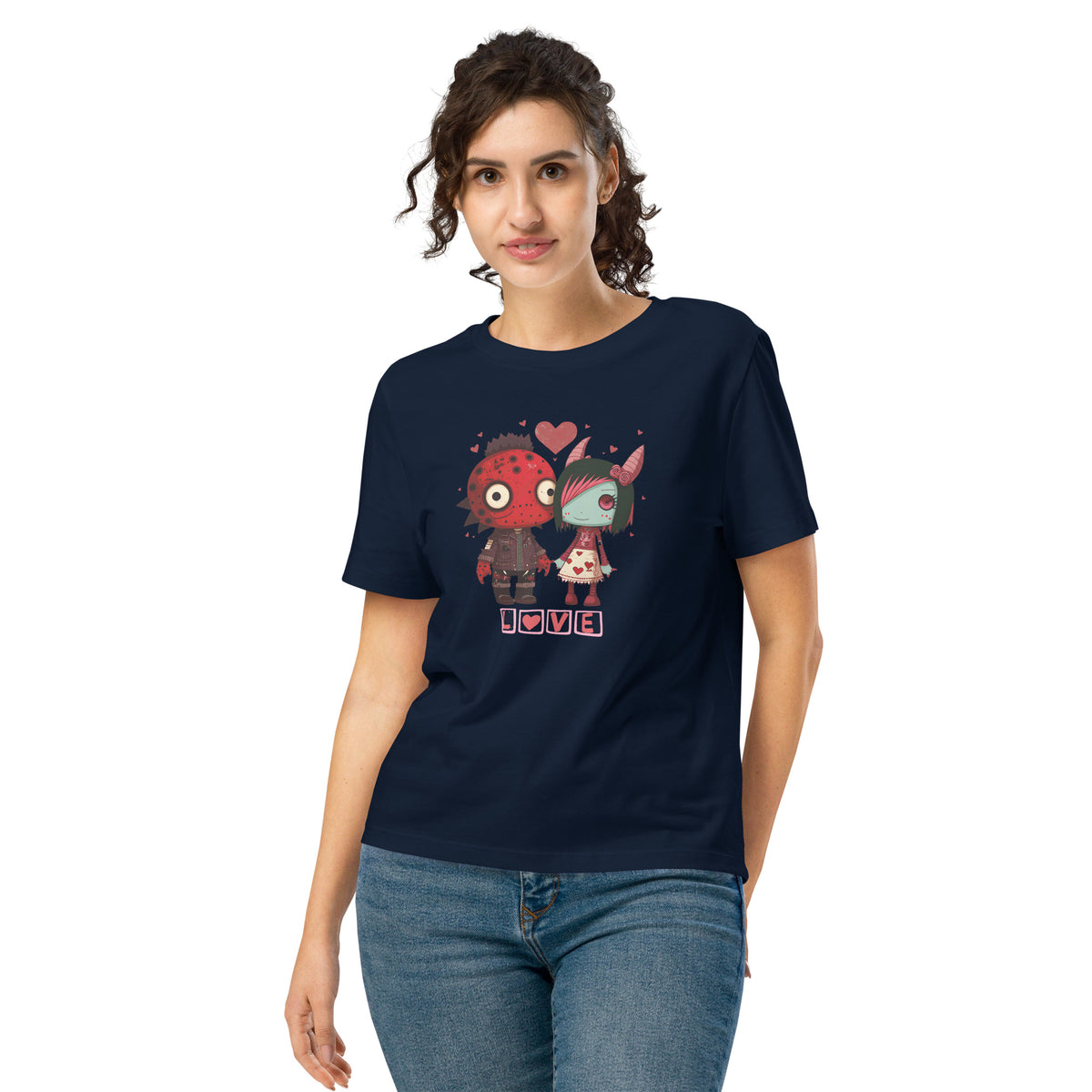 Woman wearing a Stanley/Stella navy blue t-shirt with cartoon characters and 'LOVE' text on a white background