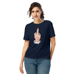 Woman wearing a navy blue t-shirt with a graphic design on a white background