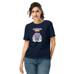 Woman wearing a Stanley/Stella navy blue t-shirt with a cartoon design and text on a white background