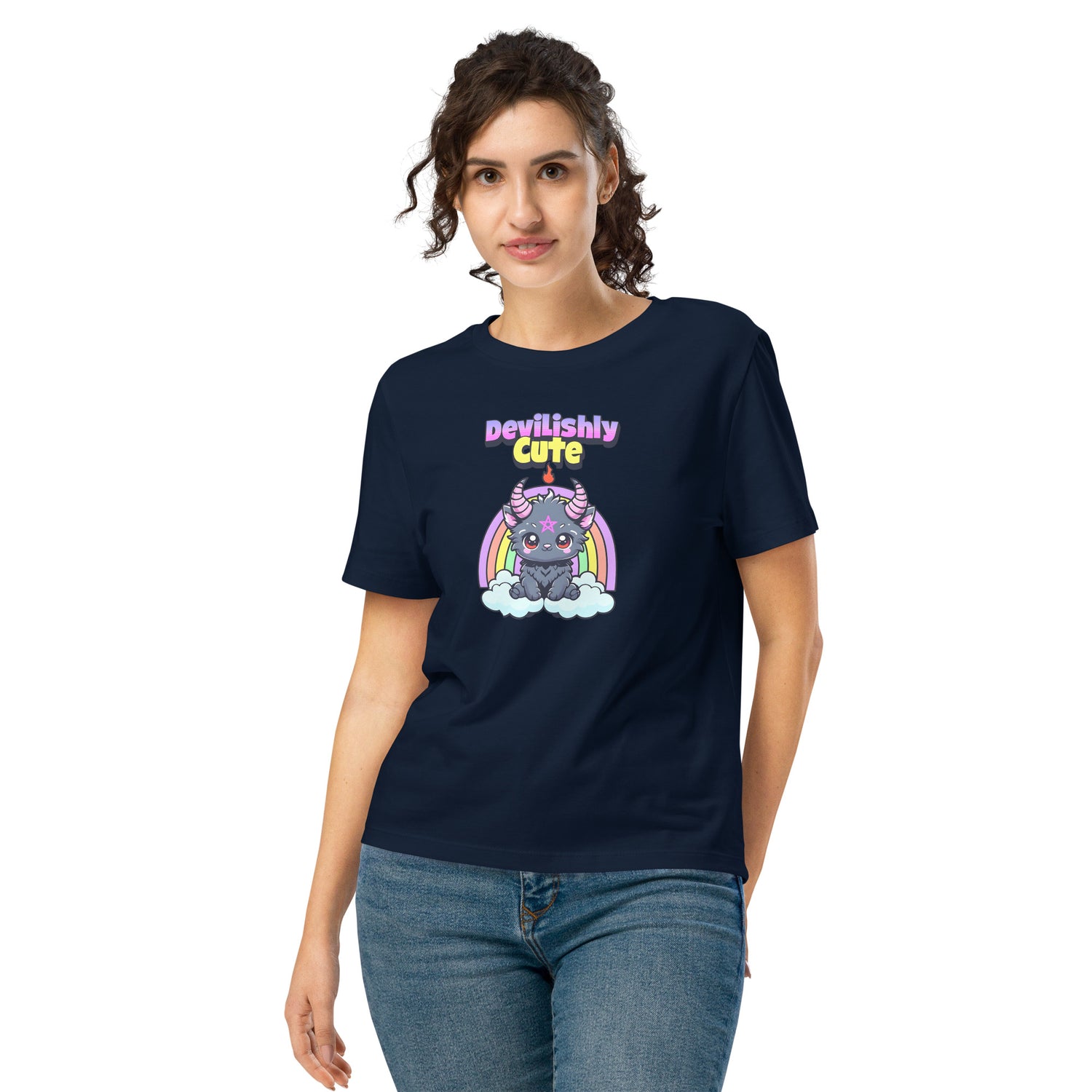 Woman wearing a Stanley/Stella navy blue t-shirt with a cartoon design and text on a white background
