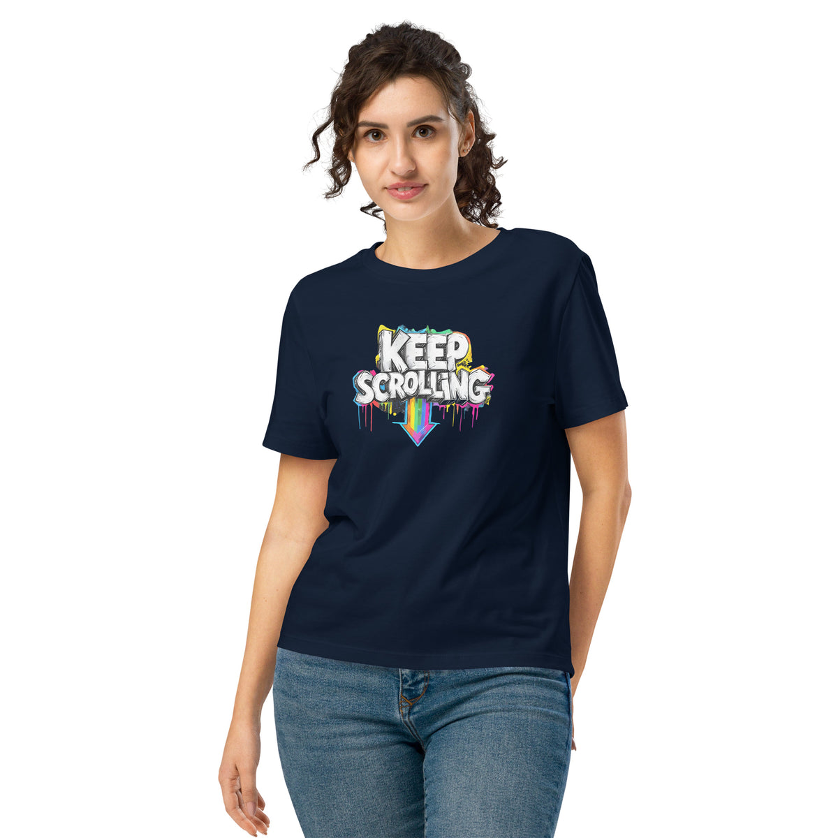 Woman wearing a navy blue t-shirt with 'Keep Scrolling' text design on a white background