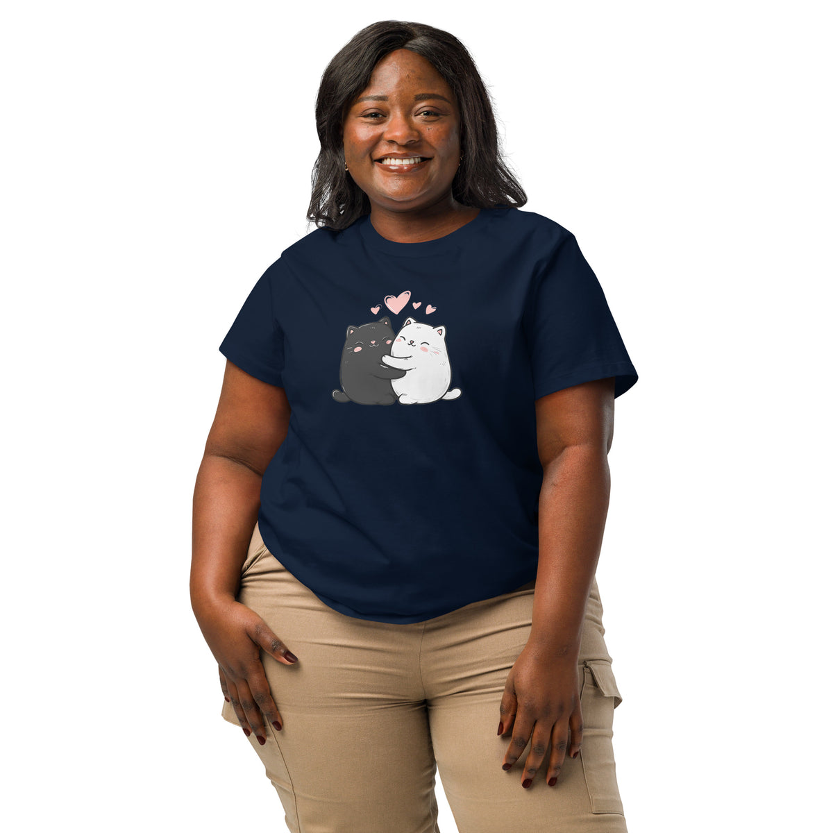 Woman wearing a navy blue t-shirt with cartoon bears and hearts on a white background