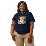 Woman wearing a navy blue t-shirt with a graphic design and text on a white background