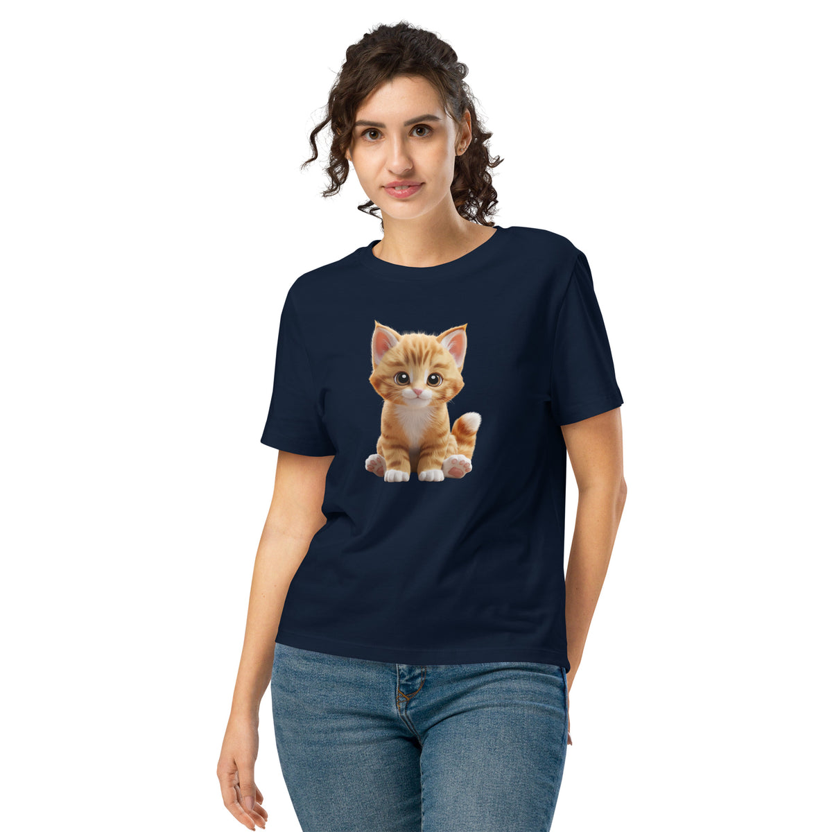 Woman wearing a navy blue t-shirt with a cat graphic on a white background