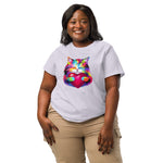 Woman wearing a stanley/stella white t-shirt with a colorful cat graphic on a white background