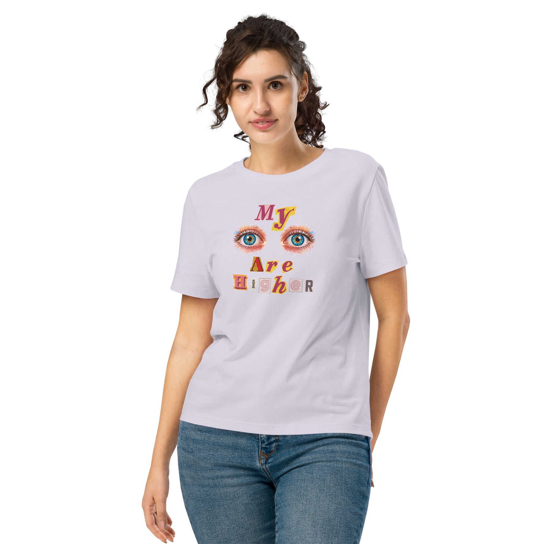 Woman wearing a stanley/stella white t-shirt with colorful graphics and text on a white background