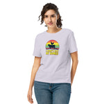 Woman wearing a white t-shirt with a colorful graphic and text on a white background