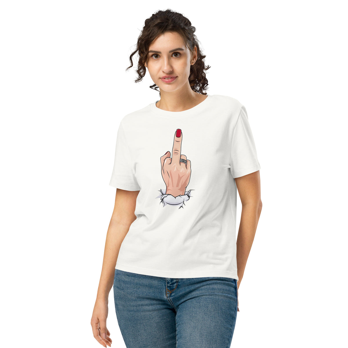 Woman wearing a stanely/stella white t-shirt with a graphic design on a white background