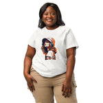 Woman wearing a white t-shirt with a graphic design and text on a white background