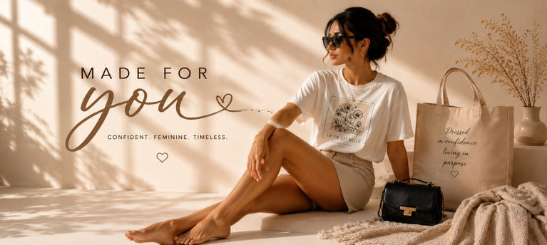 Woman sitting on a blanket with 'Made for You' text and branding elements.