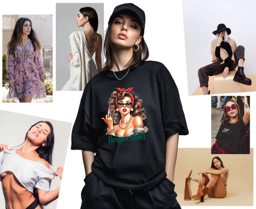 A collage featuring a central model wearing an oversized black graphic T-shirt with a pin-up style illustration and the text 'Respectfully' in green, surrounded by smaller lifestyle photos of women in streetwear and fashion poses.