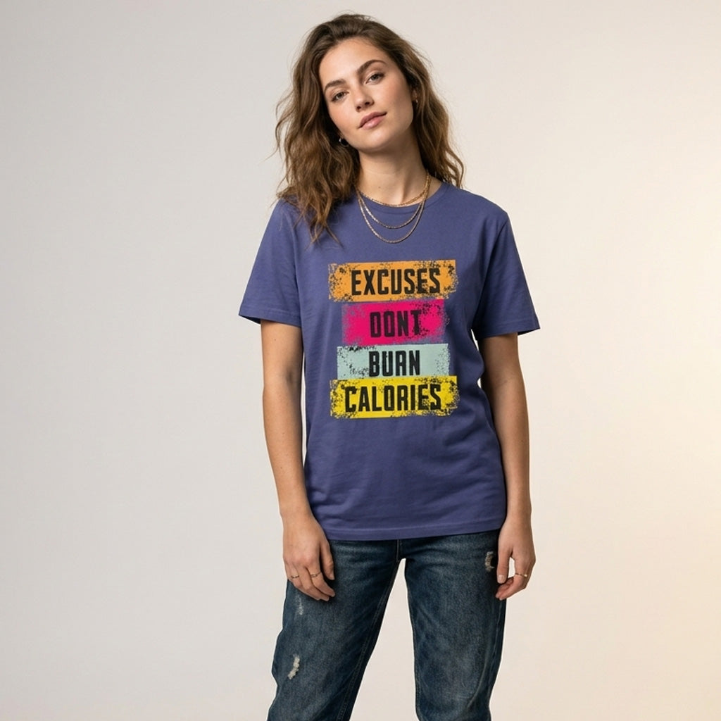 Woman wearing a purple t-shirt with motivational text on a plain background