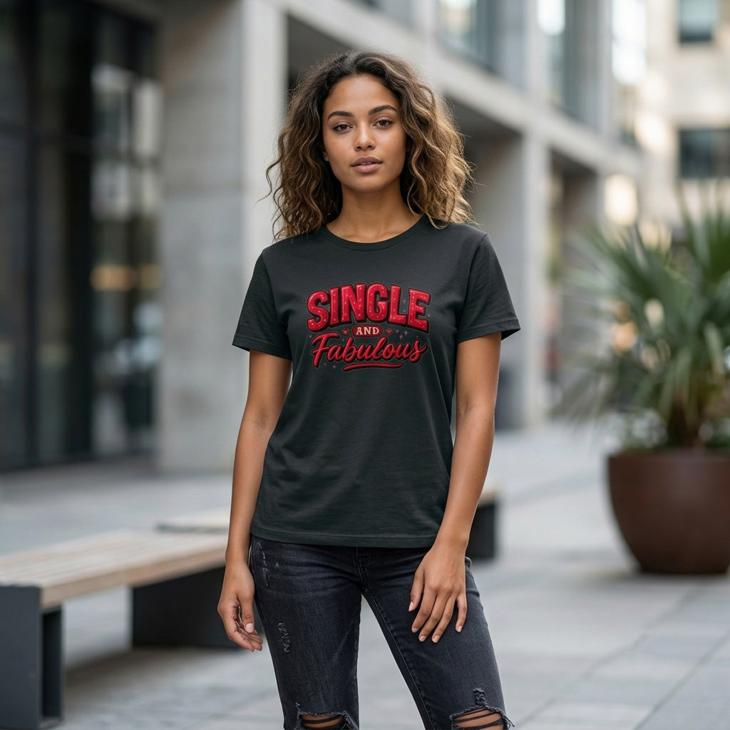 Woman wearing a black t-shirt with red text standing outdoors.