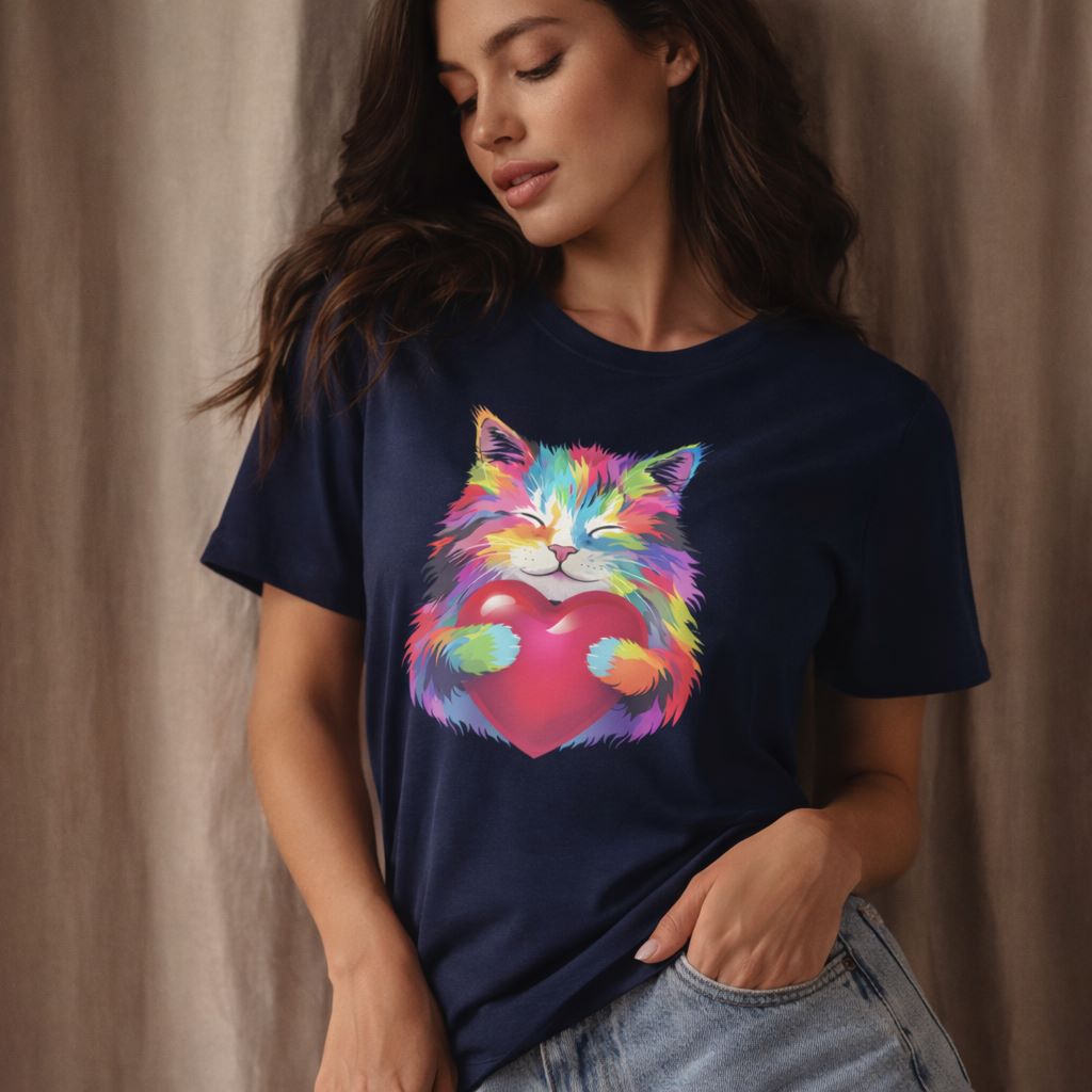 A woman wearing a navy blue t-shirt with a colorful, rainbow-hued cat graphic holding a heart, standing against a softly lit brown curtain background.