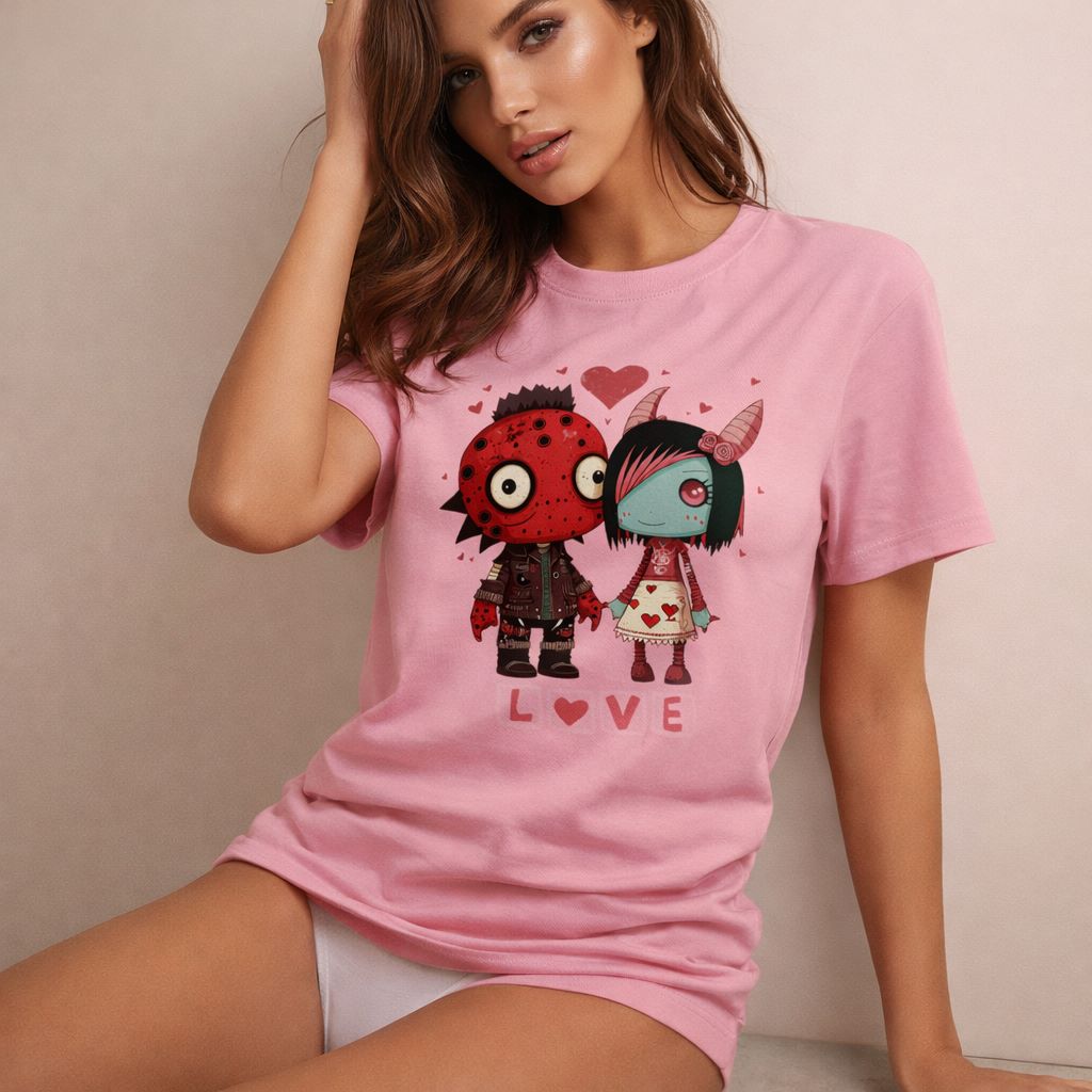 A woman sits with one hand in her hair, wearing a pink t-shirt featuring two cartoon monster characters holding hands with a heart above them and the word "LOVE" below. She also wears white underwear.