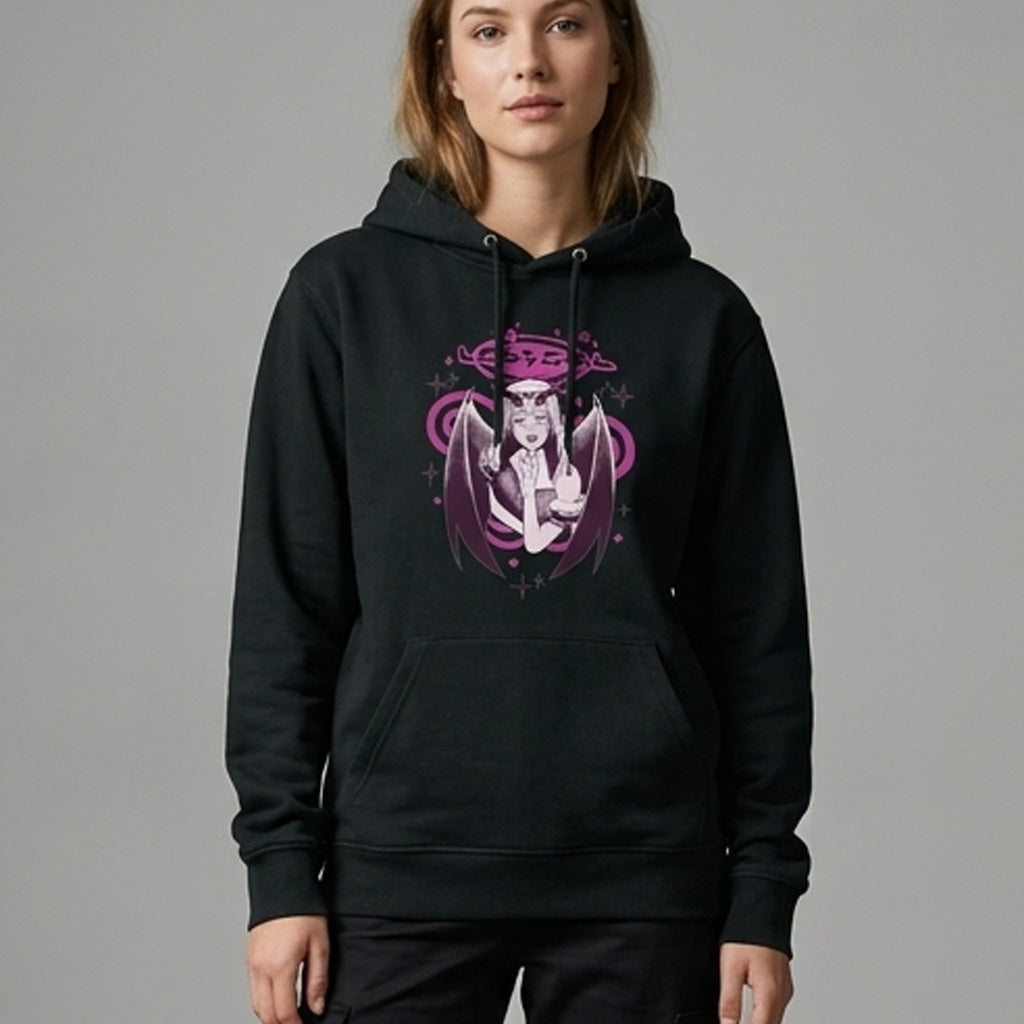 Woman wearing a black Stanley/Stella hoodie with a purple graphic design on a gray background