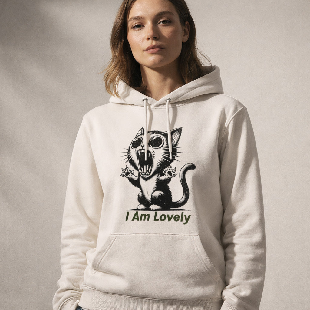 woman wearing a white hoodie with a graphic of a cat and 'I Am Lovely' text on a plain background