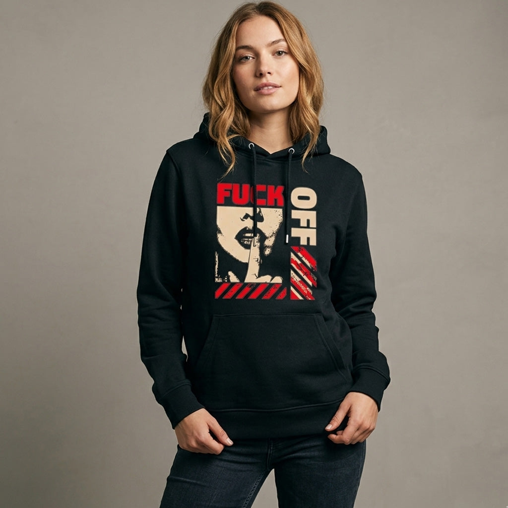 woman wearing a black hoodie with graphic design on a plain background