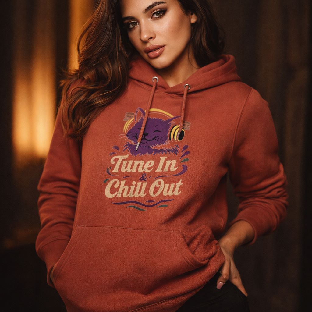 Woman wearing a red hoodie with 'Tune In & Chill Out' text and graphic.