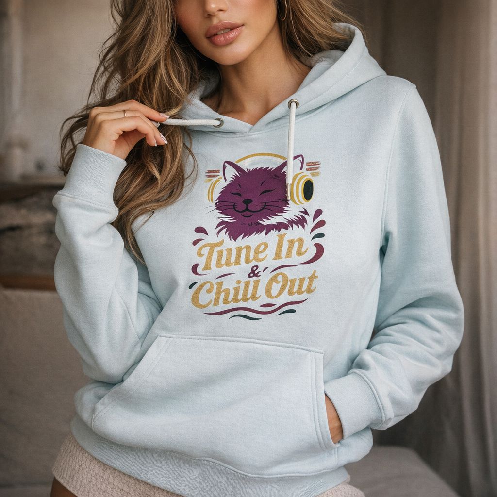 Light blue hoodie with a graphic of a cat wearing headphones and text 'Tune In & Chill Out' worn by a person.