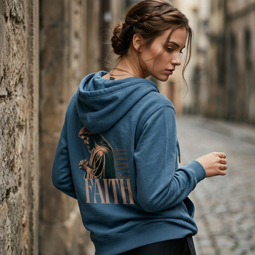 A young woman with braided hair, wearing a blue hoodie featuring an illustration and the word "FAITH" on the back, stands on a cobblestone street beside a stone wall, looking down thoughtfully.
