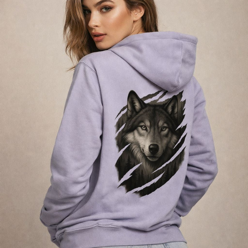Woman wearing a light purple hoodie with a wolf design on the back against a beige background